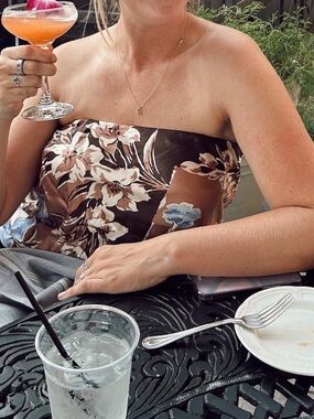 Reformation Brown, Cream & Light Blue Floral Strapless Top